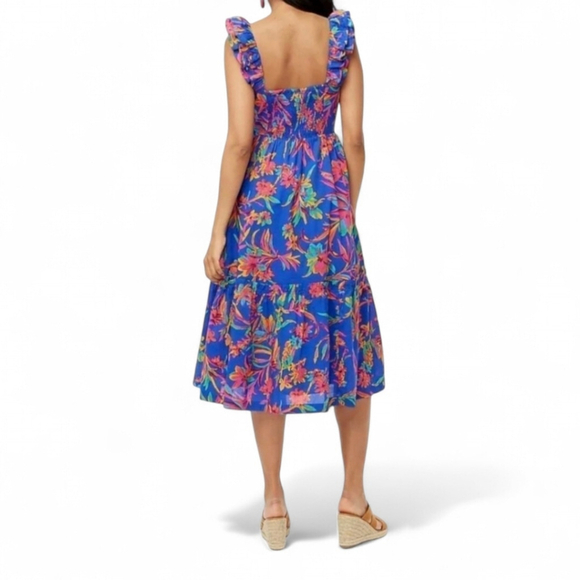 J. Crew Colorful Tropical Square Neck Ruffled Midi Smocked Cotton Dress 4 NWT - Picture 3 of 14